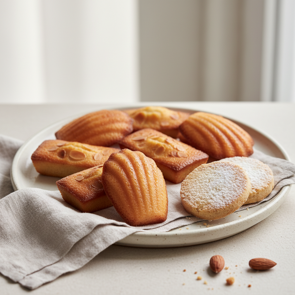 An assortment of delicate handmade baked confections — madeleines, financiers, and sablé cookies on a pale linen napkin.