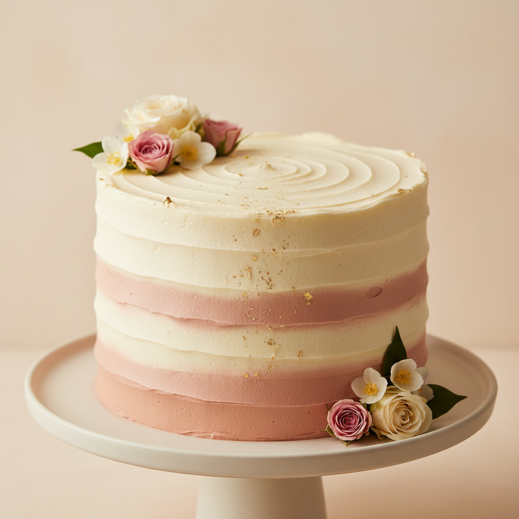An elegant whole cake with smooth cream frosting in ivory and dusty-rose tones, decorated with edible flowers.
