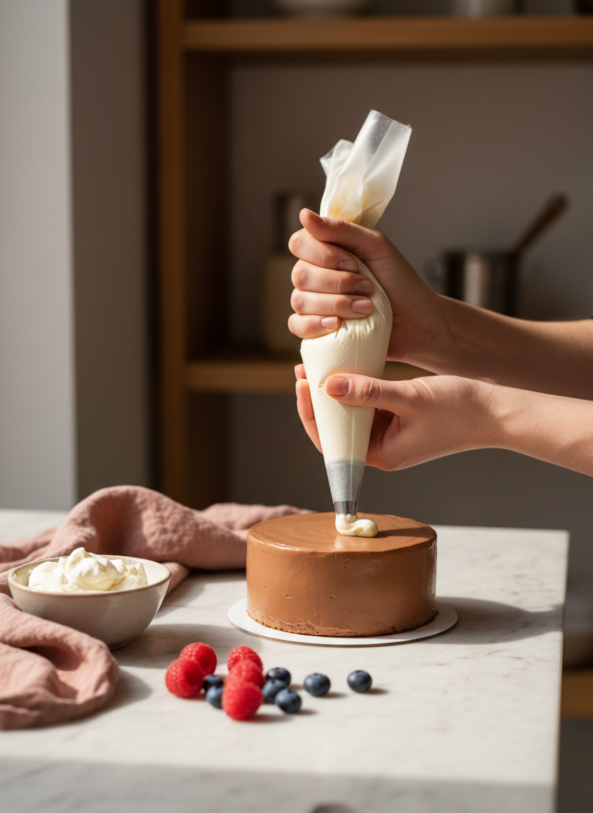 A pastry maker's hands delicately decorating a small elegant cake with a piping bag on an off-white marble workbench.