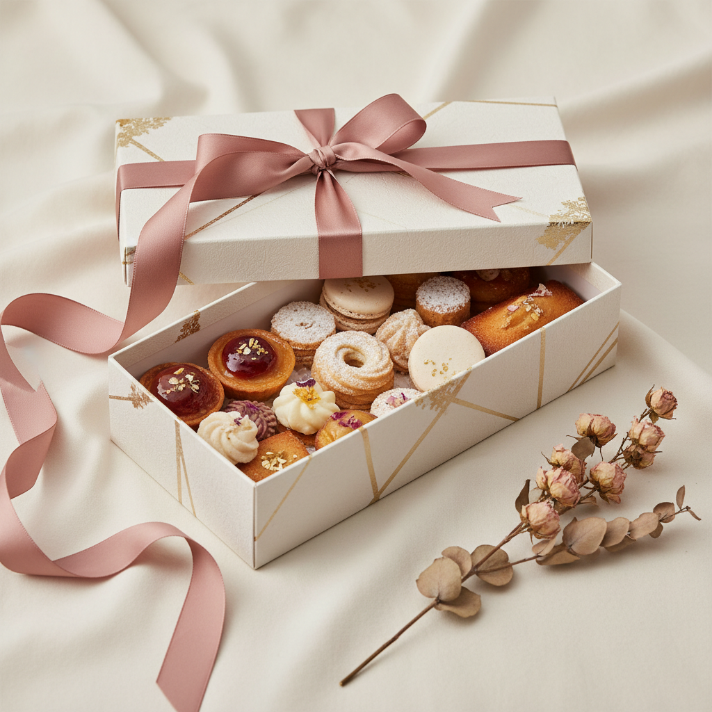 A beautifully wrapped patisserie gift box tied with a dusty-rose satin ribbon containing assorted baked sweets.