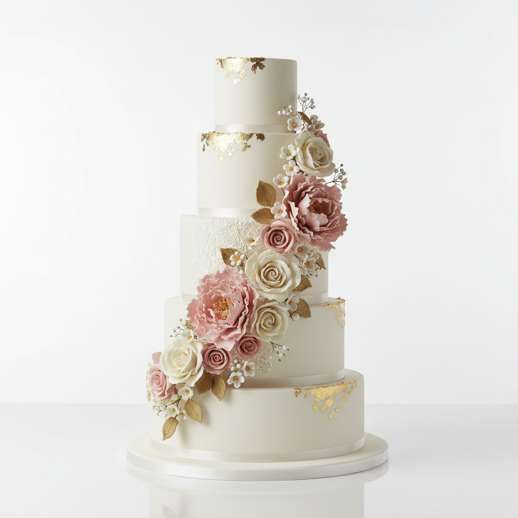 An elegant, beautifully decorated multi-tier cake with white fondant, delicate sugar flowers in soft pink and cream, and gold leaf accents on a white background.
