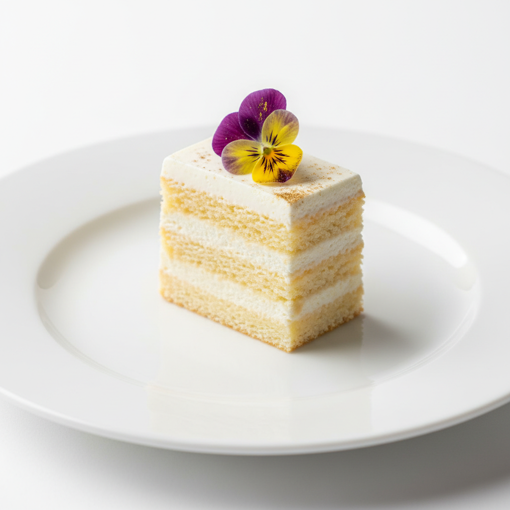 Elegant cake slice with edible flower decoration