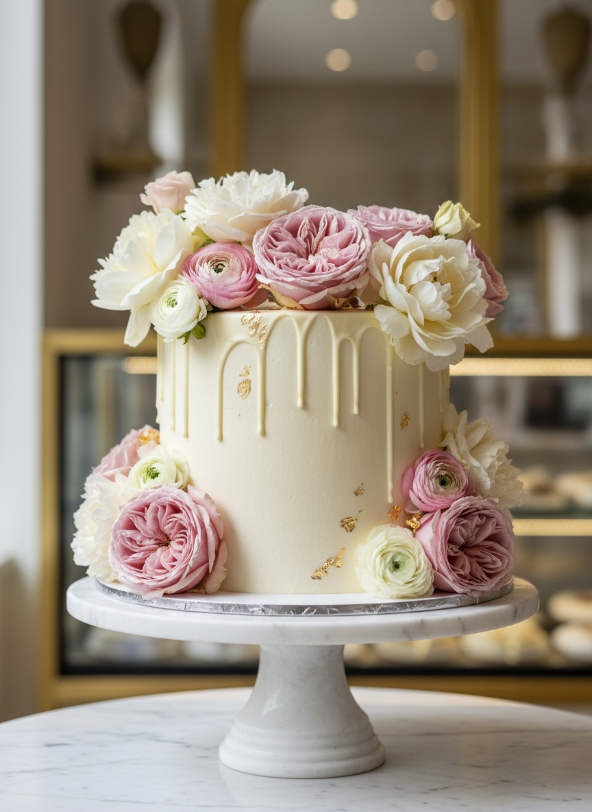 Whole cake with elegant floral decoration on a marble stand