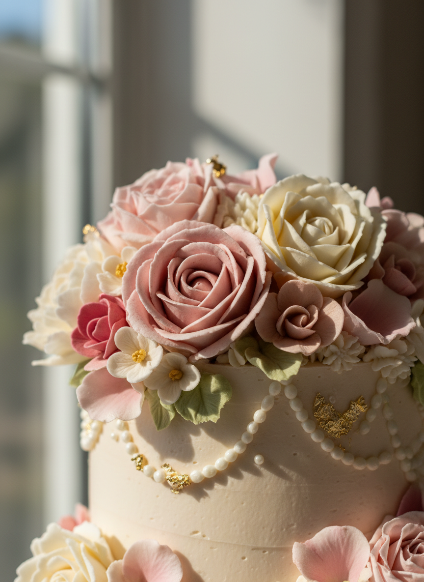 Close-up of elegant cake decoration details with delicate frosting and flowers