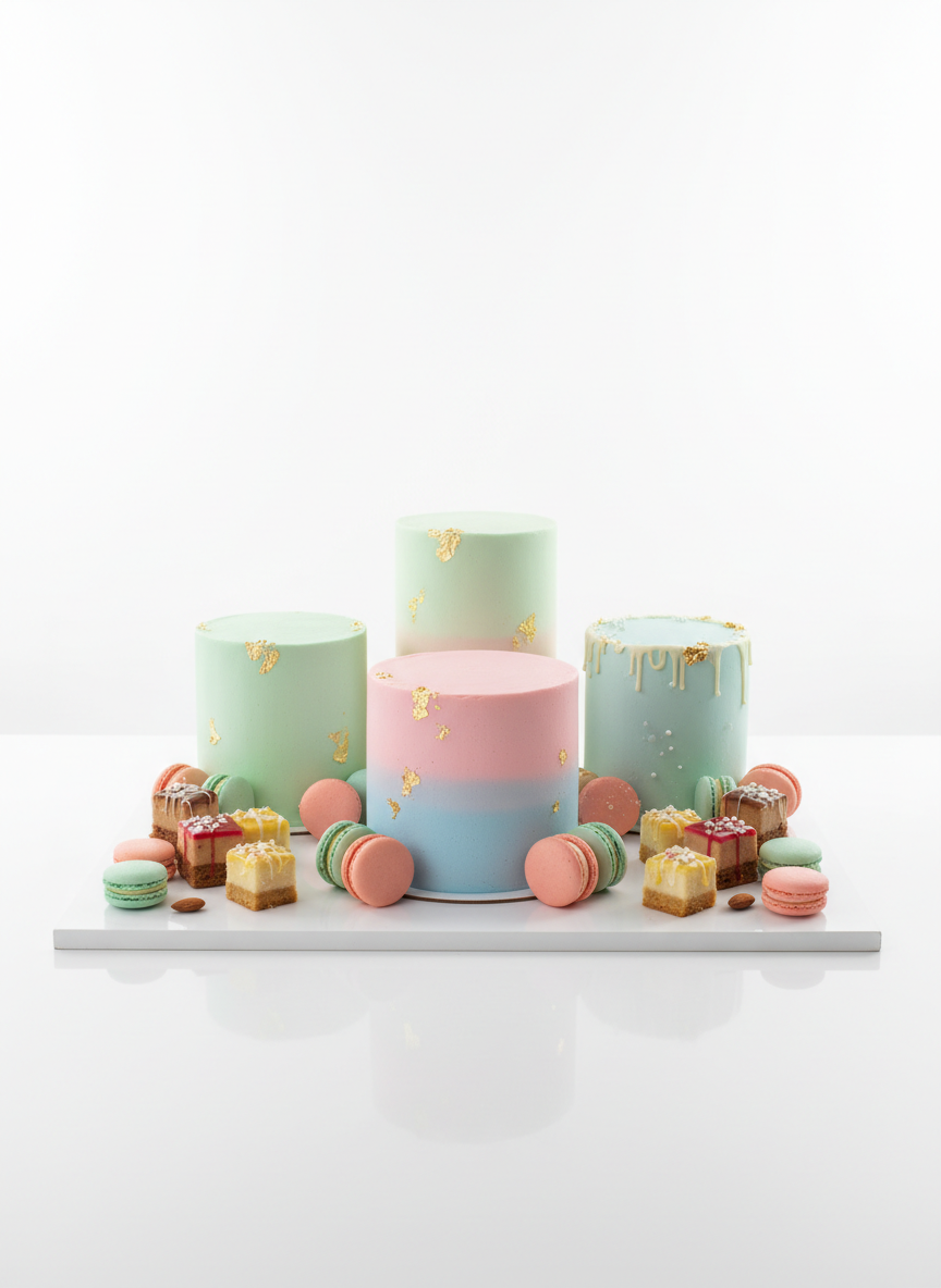 A bright, minimalist product photography setup showcasing a collection of elegant custom cakes and sweets. Beautiful layered cakes with pastel frosting, macarons in soft colors, and delicate petit fours arranged on a glossy white platform. Clean, soft studio lighting from multiple directions makes the colors pop. Pure white background, catalog-like feel. Shot straight-on with sharp focus, playful and modern mood.